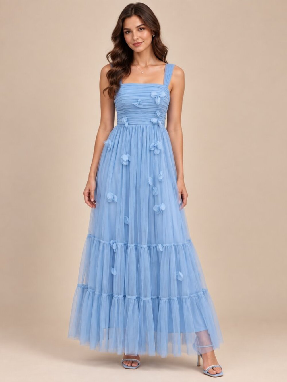 158- Blue Flower Petal Mesh Tiered Maxi Dress